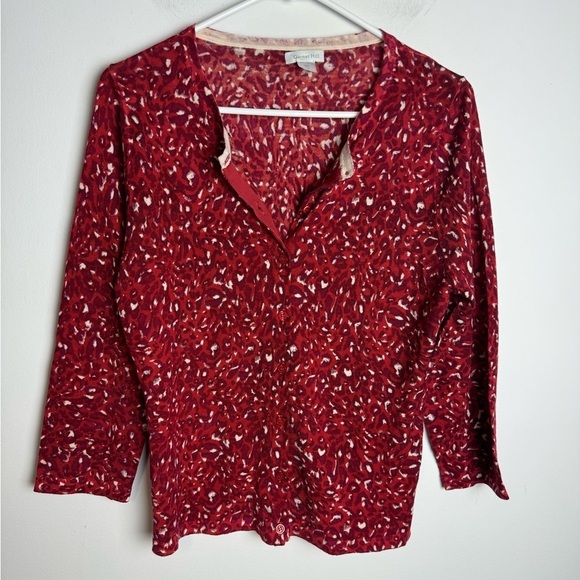Garnet Hill Merino Wool Cardigan Sweater Animal Print Red Medium - Picture 1 of 6